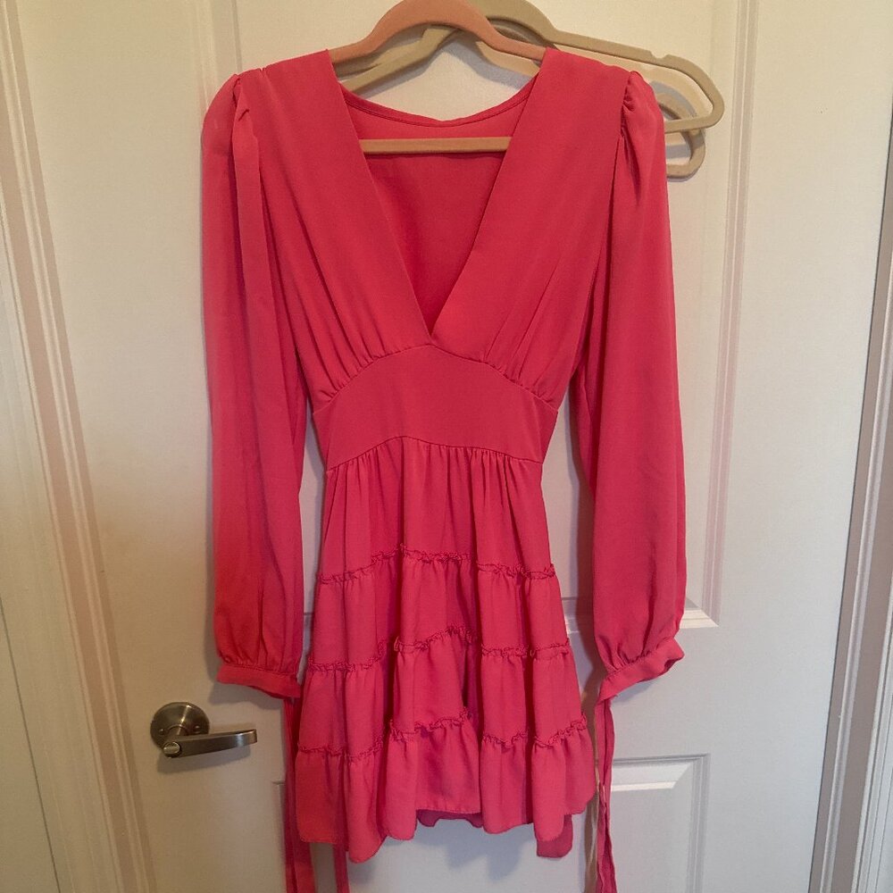 Boutique Hot Pink Tiered Long Sleeve Mini Dress, Size S